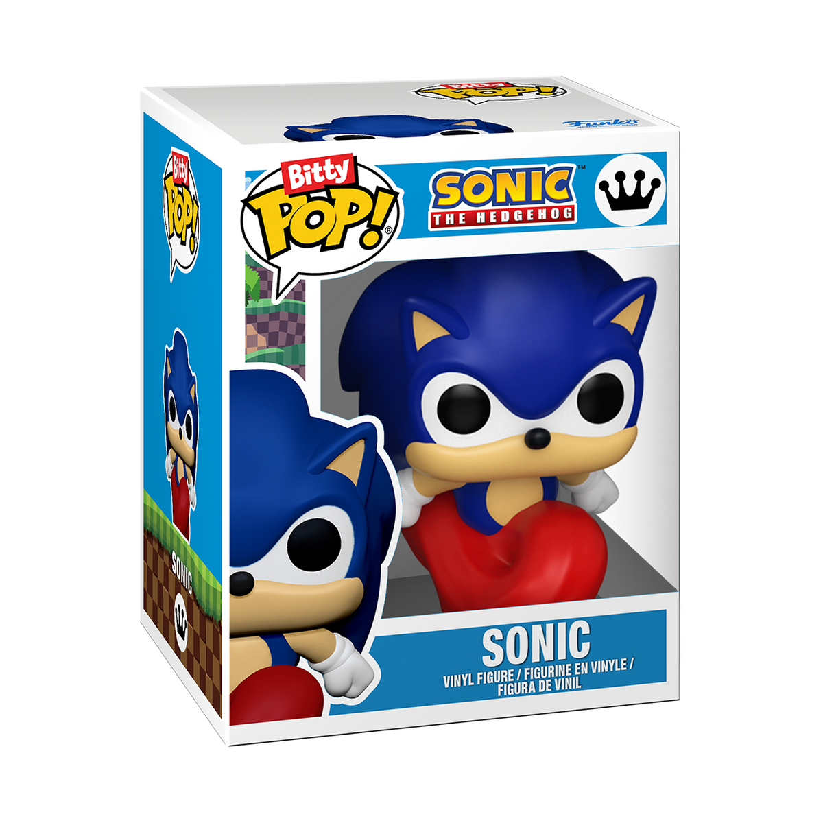 Three miniature Sonic the Hedgehog Bitty Pop! figures in classic, ring-holding, and running poses.