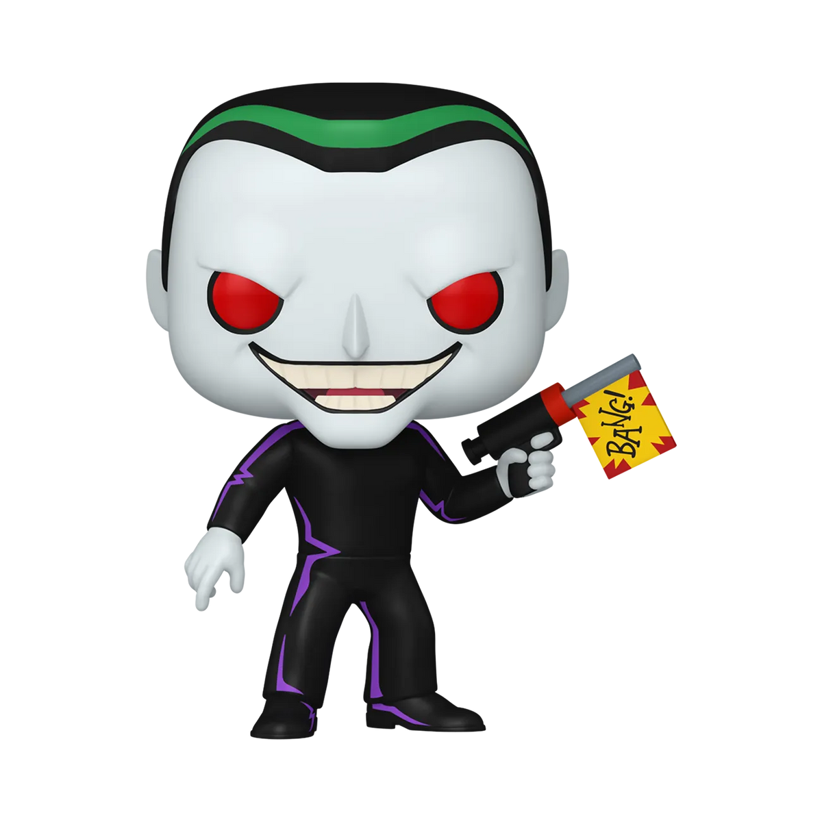 The Joker Funko Pop! figure in a purple suit holding a pistol from Batman Beyond: Return of the Joker.