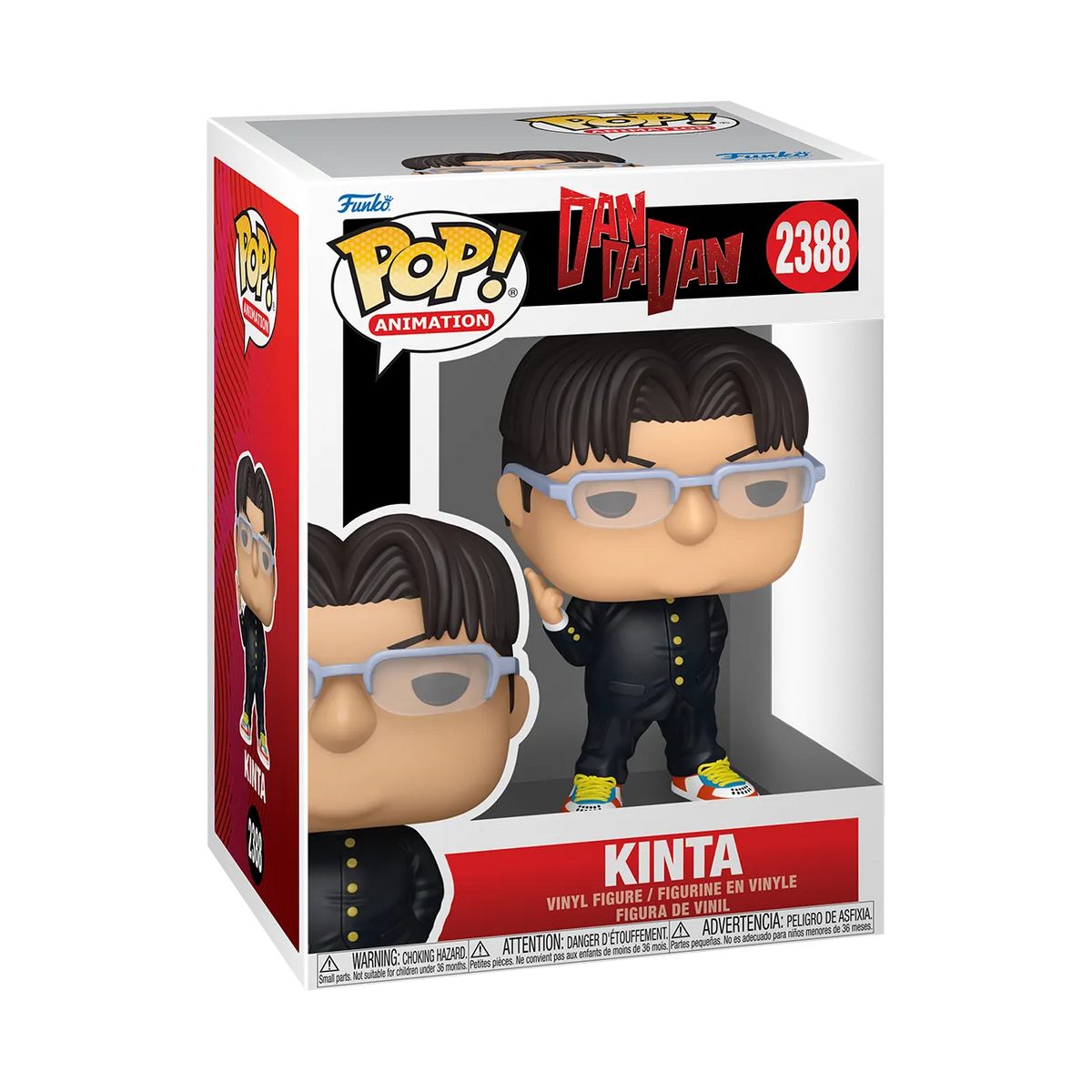 Dandadan Kinta Pop! #2388 vinyl figure in a window box featuring character artwork and a black school uniform design.