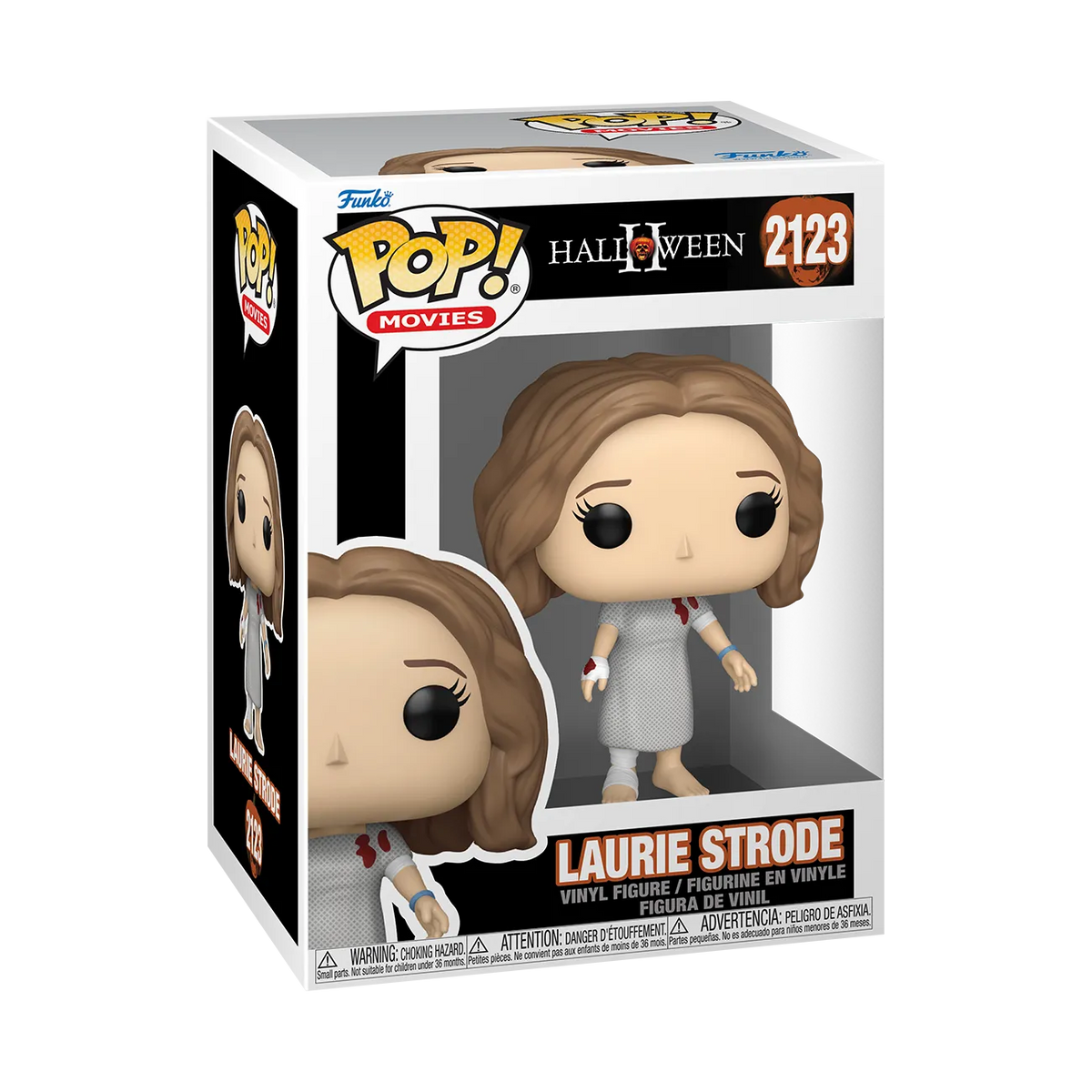 Halloween II Laurie Strode Funko Pop #2123 in a hospital gown, displayed inside its branded window box packaging.