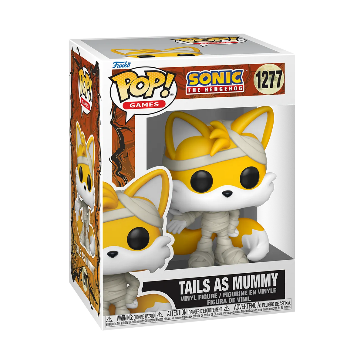 Sonic the Hedgehog Tails as Mummy Funko Pop! #1277 displayed beside its retail box.