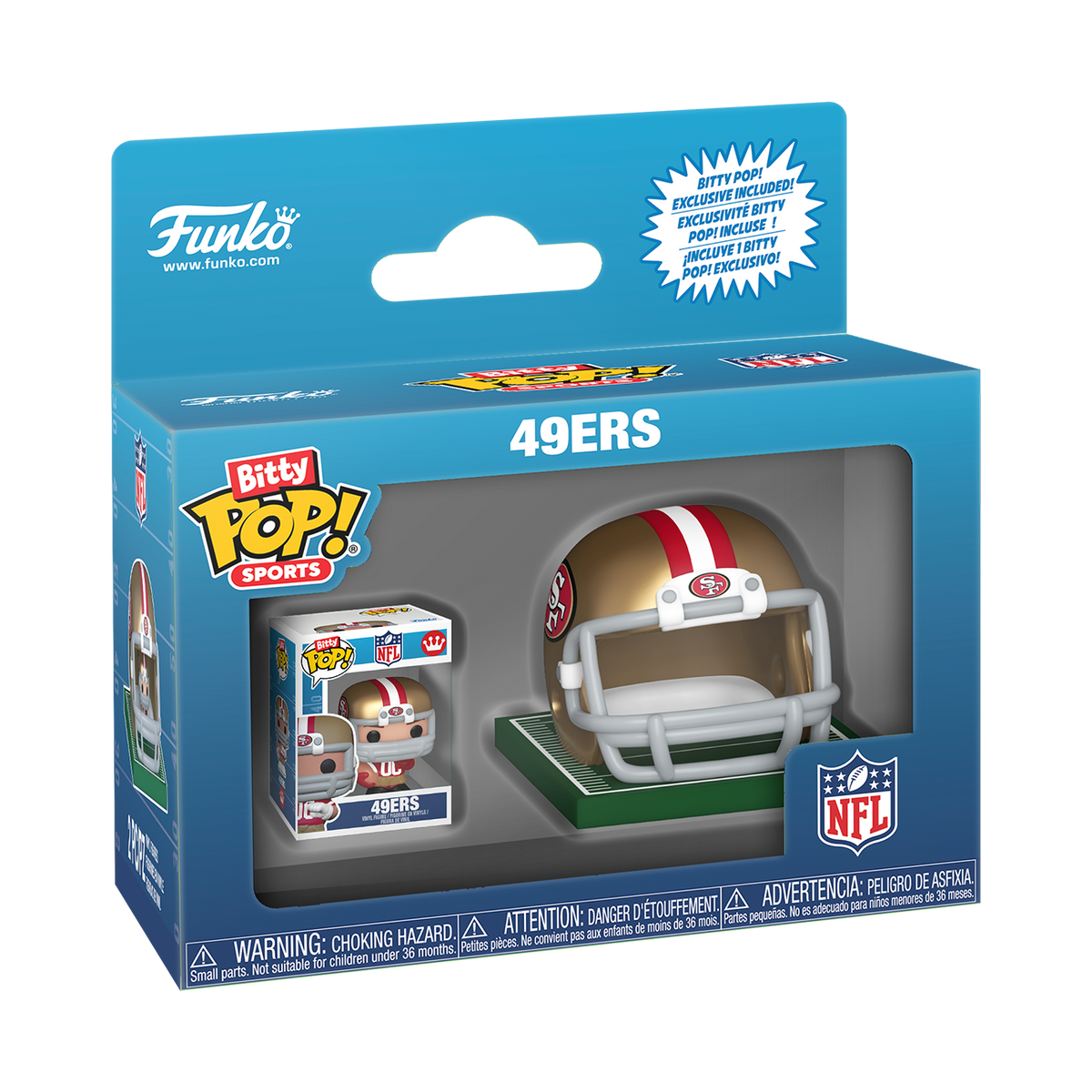 NFL San Francisco 49ers Bitty Pop! Helmet & Player set in Funko retail packaging.
