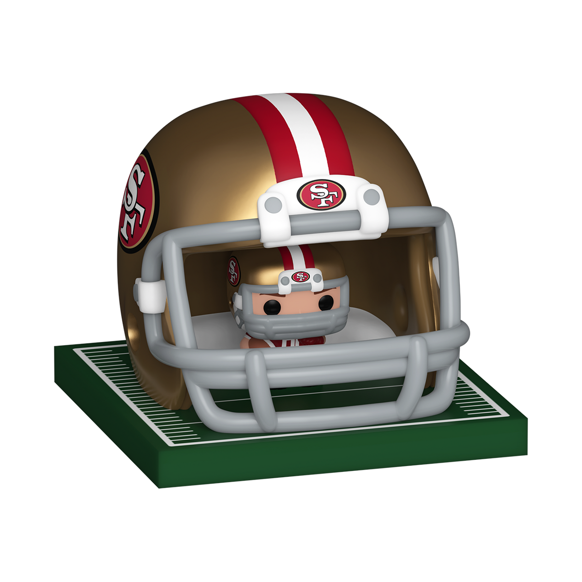 San Francisco 49ers Bitty Pop! player and gold football helmet displayed together on a miniature turf base by Funko.