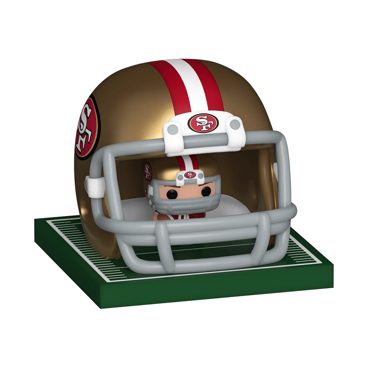 San Francisco 49ers Bitty Pop! player and gold football helmet displayed together on a miniature turf base by Funko.