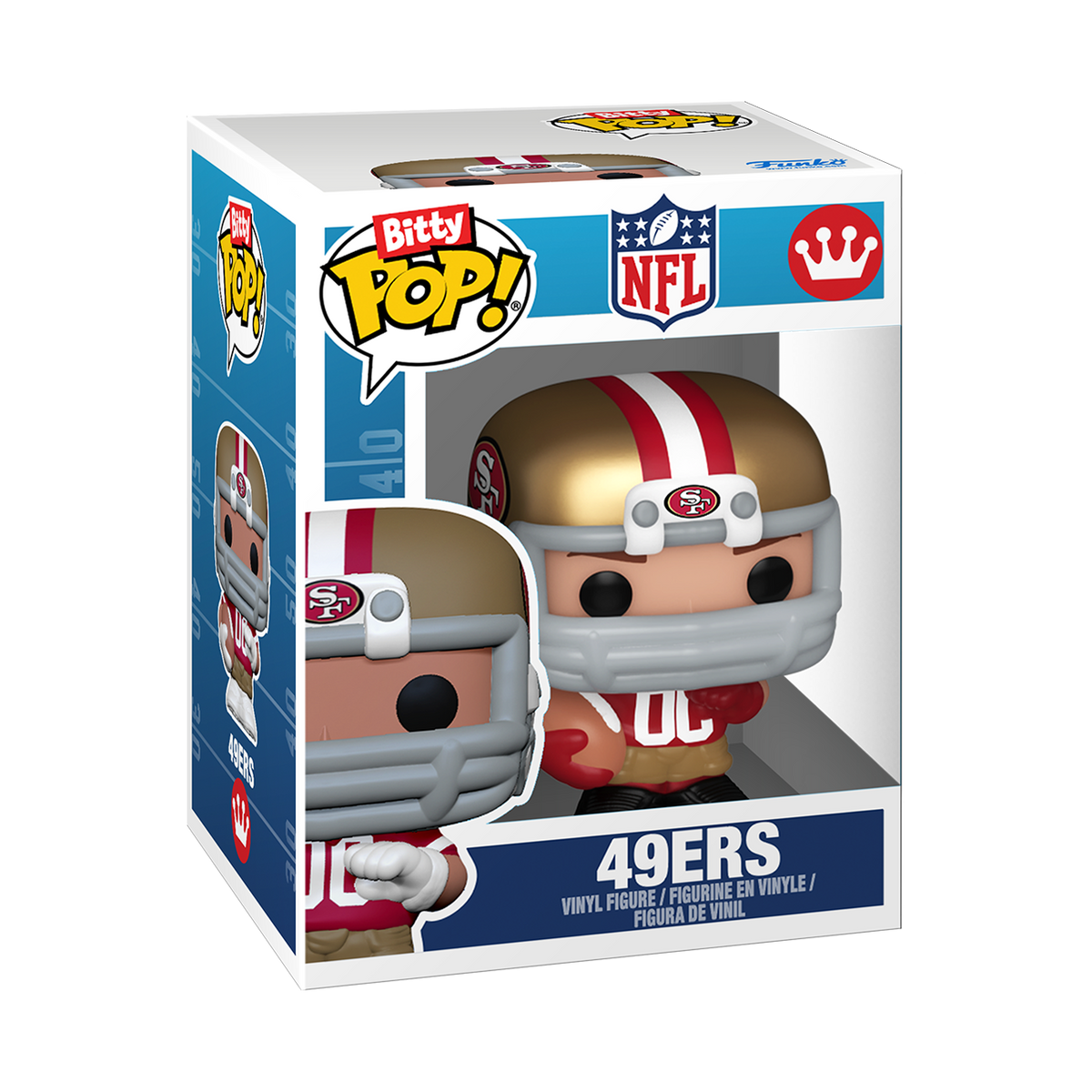 San Francisco 49ers Bitty Pop! player wearing a gold helmet and red number 00 uniform inside miniature Funko-style window box packaging.