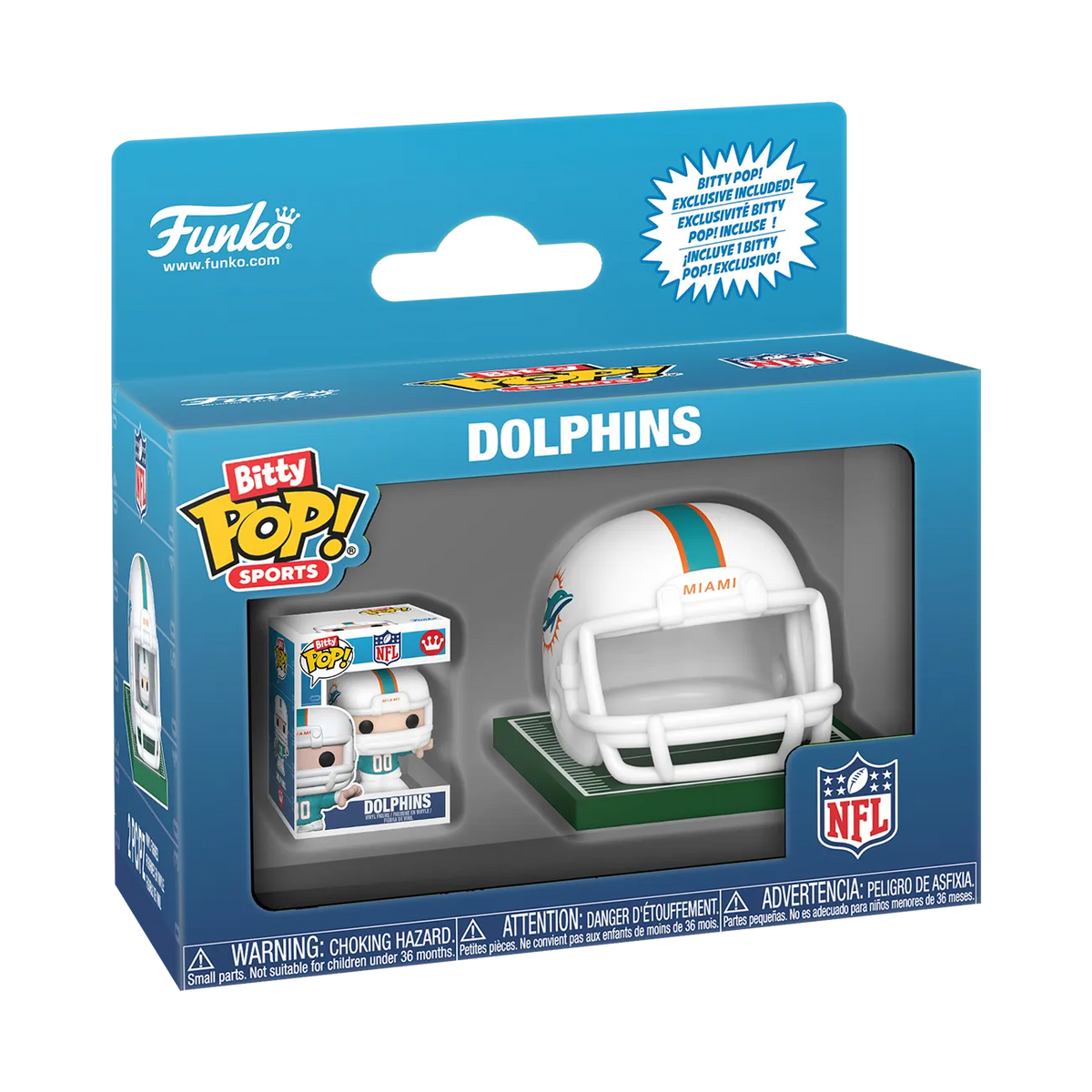 NFL Miami Dolphins Bitty Pop! Helmet & Player set in Funko retail packaging.
