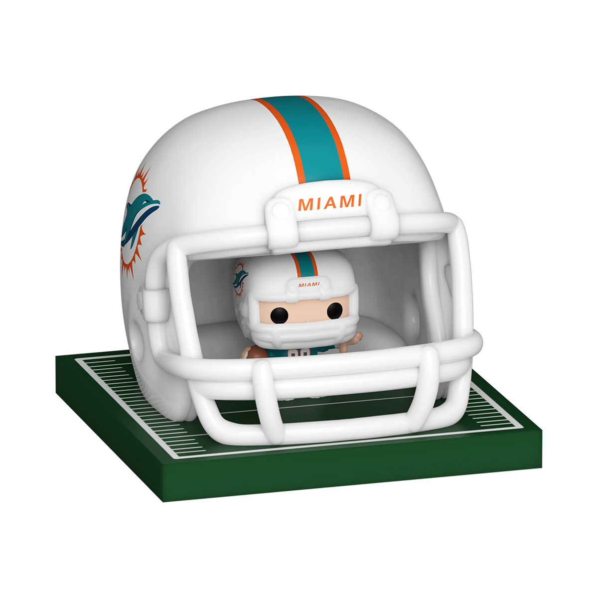 Miami Dolphins Bitty Pop! player and aqua football helmet displayed together on a miniature turf base by Funko.