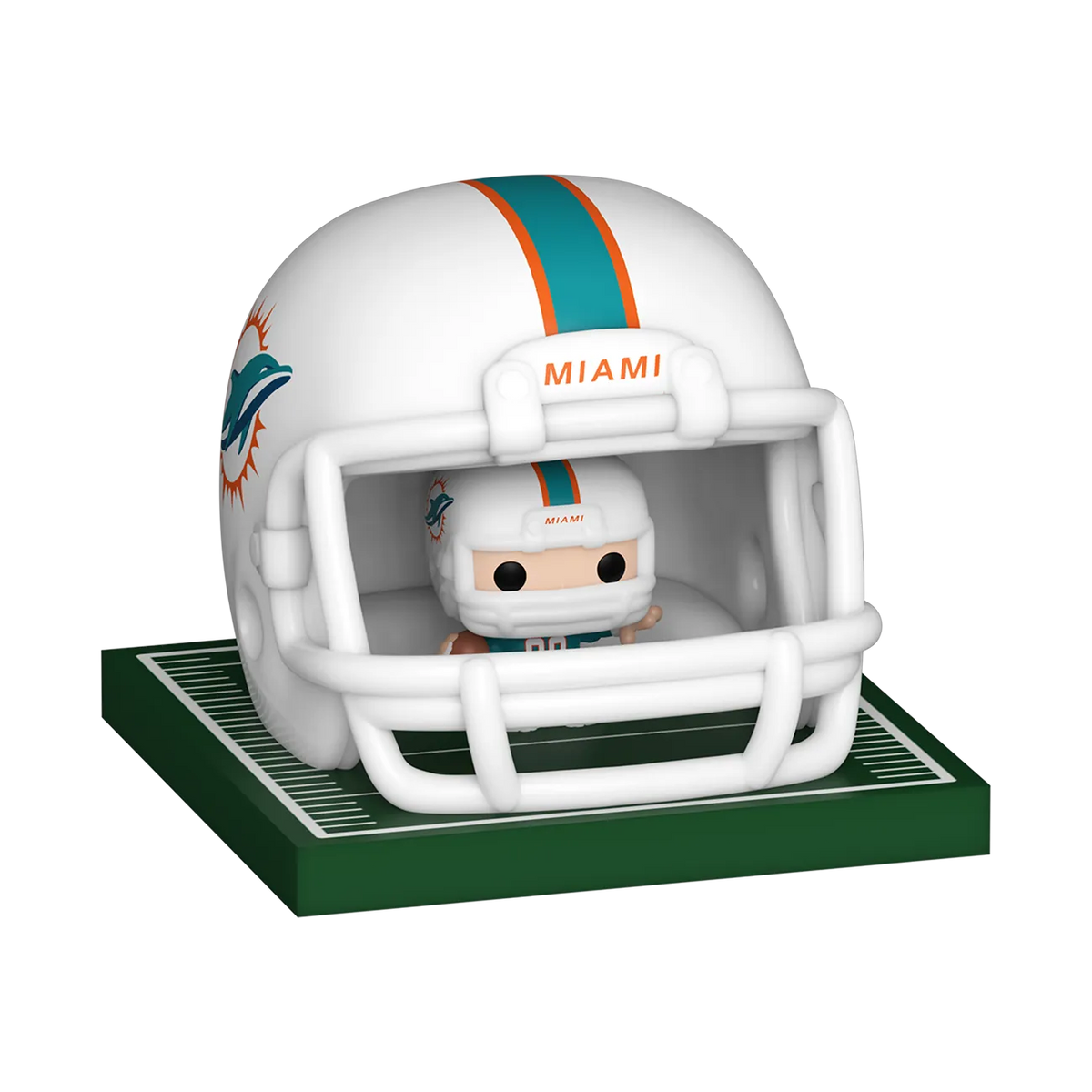 Miami Dolphins Bitty Pop! player and aqua football helmet displayed together on a miniature turf base by Funko.