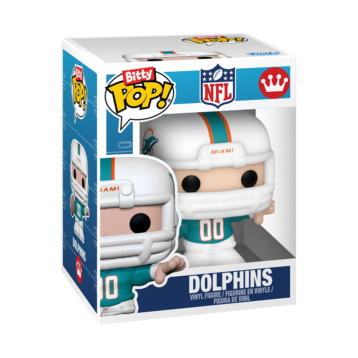 Miami Dolphins Bitty Pop! player wearing an aqua helmet and white number 00 uniform inside miniature Funko-style window box packaging.