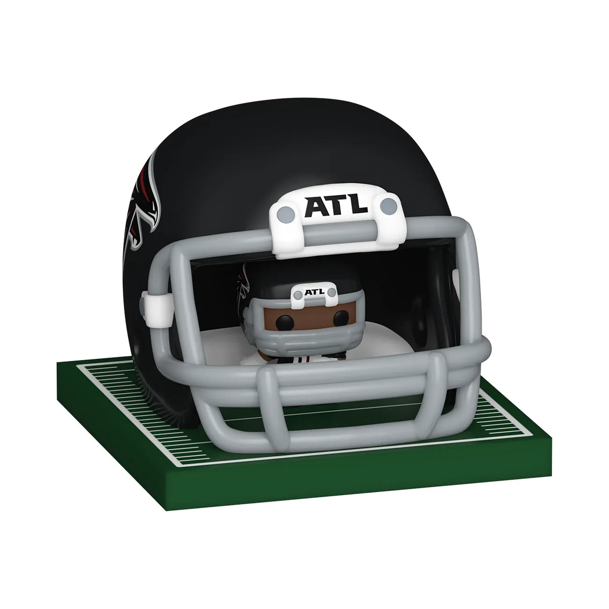Atlanta Falcons Bitty Pop! player and black football helmet displayed together on a miniature turf base by Funko.