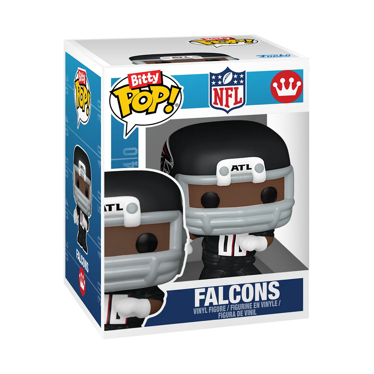 Atlanta Falcons Bitty Pop! player wearing a black helmet and black number 00 uniform inside miniature Funko-style window box packaging.