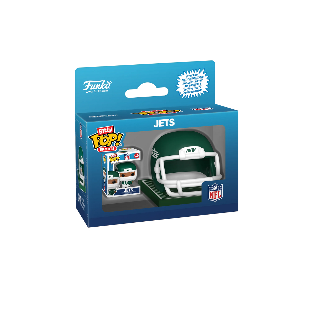 NFL New York Jets Bitty Pop! Helmet & Player set in Funko retail packaging.