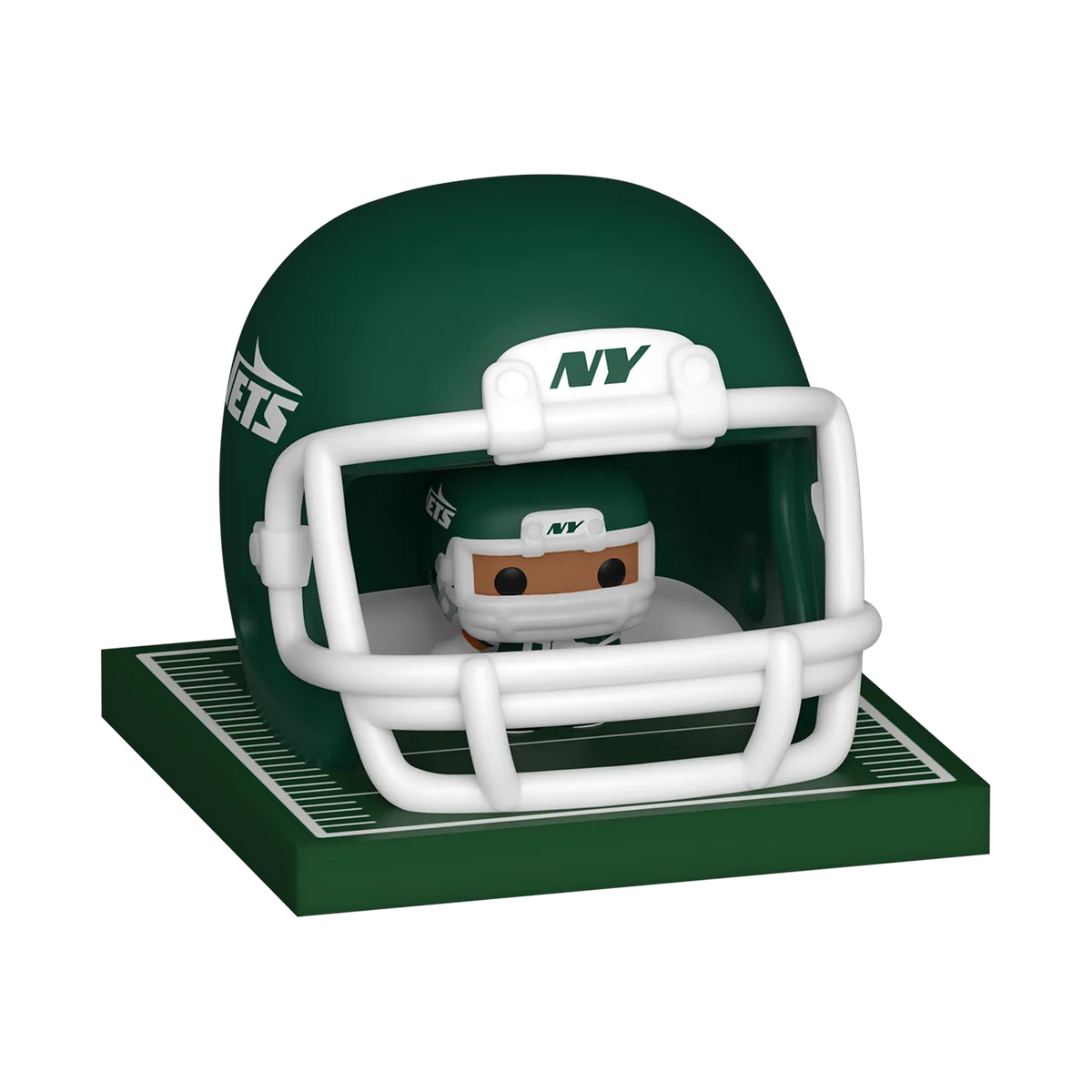 New York Jets Bitty Pop! player and green football helmet displayed together on a miniature turf base by Funko.