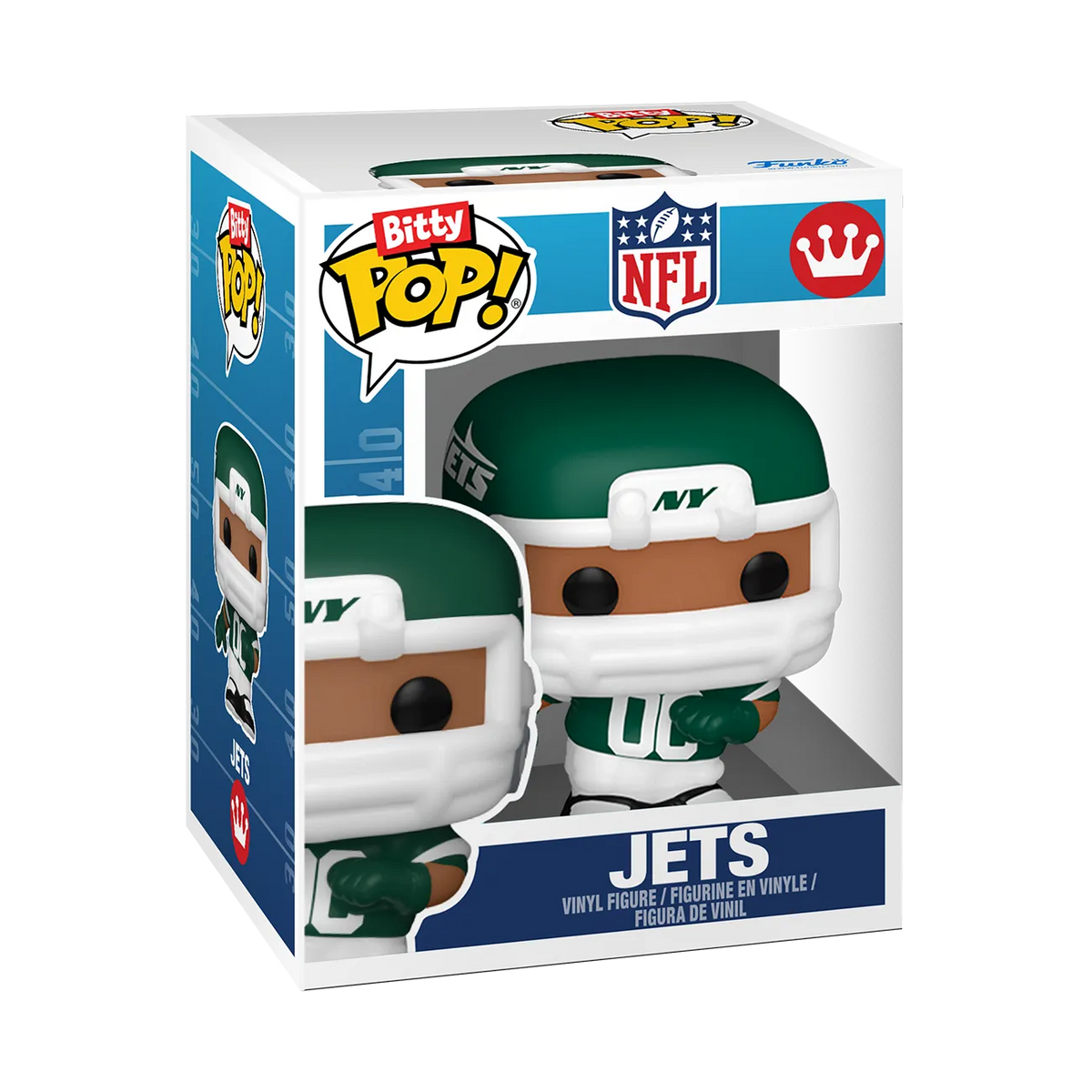 New York Jets Bitty Pop! player wearing a green helmet and green number 00 uniform inside miniature Funko-style window box packaging.