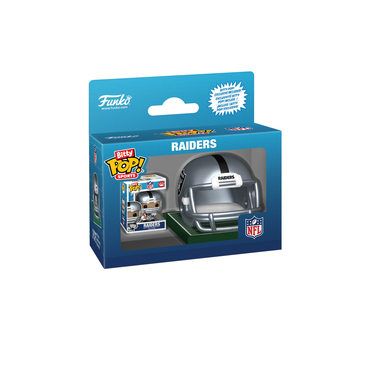 NFL Las Vegas Raiders Bitty Pop! Helmet & Player set in Funko retail packaging.