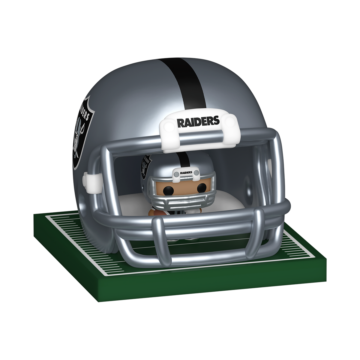 Las Vegas Raiders Bitty Pop! player and silver football helmet displayed on a miniature turf base by Funko.