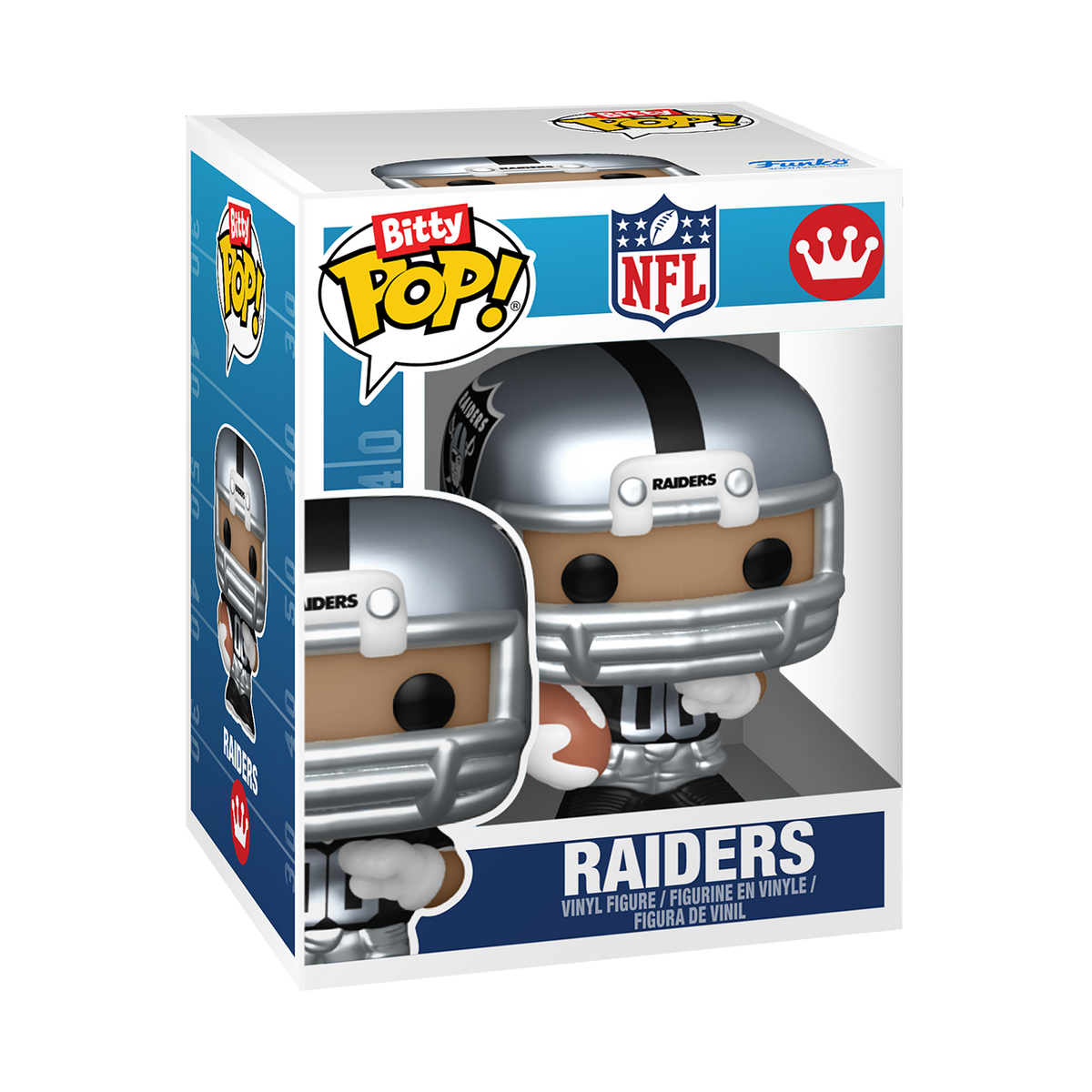 Las Vegas Raiders Bitty Pop! player wearing a silver helmet and black number 00 uniform inside miniature Funko-style window box packaging.