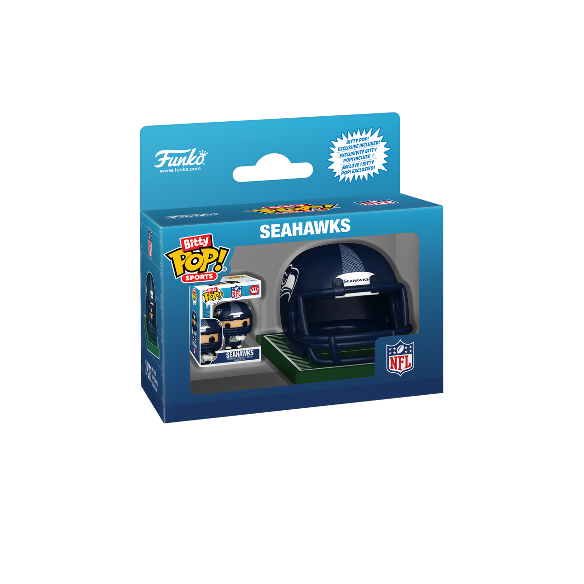 NFL Seattle Seahawks Bitty Pop! Helmet & Player set in Funko retail packaging.