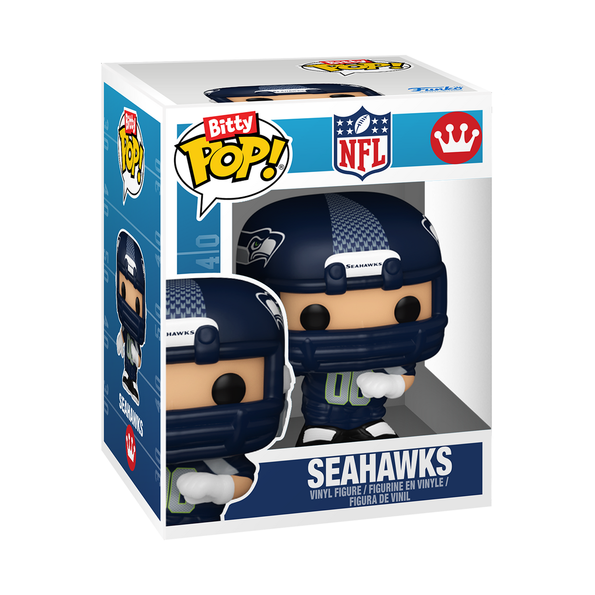 Seattle Seahawks Bitty Pop! player wearing a navy helmet and dark number 00 uniform inside miniature Funko-style window box packaging.
