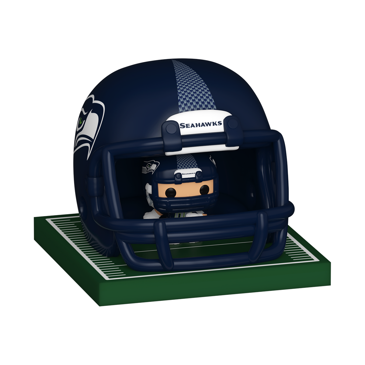Seattle Seahawks Bitty Pop! player and navy football helmet displayed together on a miniature turf base by Funko.