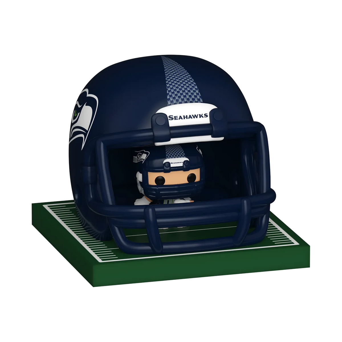 Seattle Seahawks Bitty Pop! player and navy football helmet displayed together on a miniature turf base by Funko.