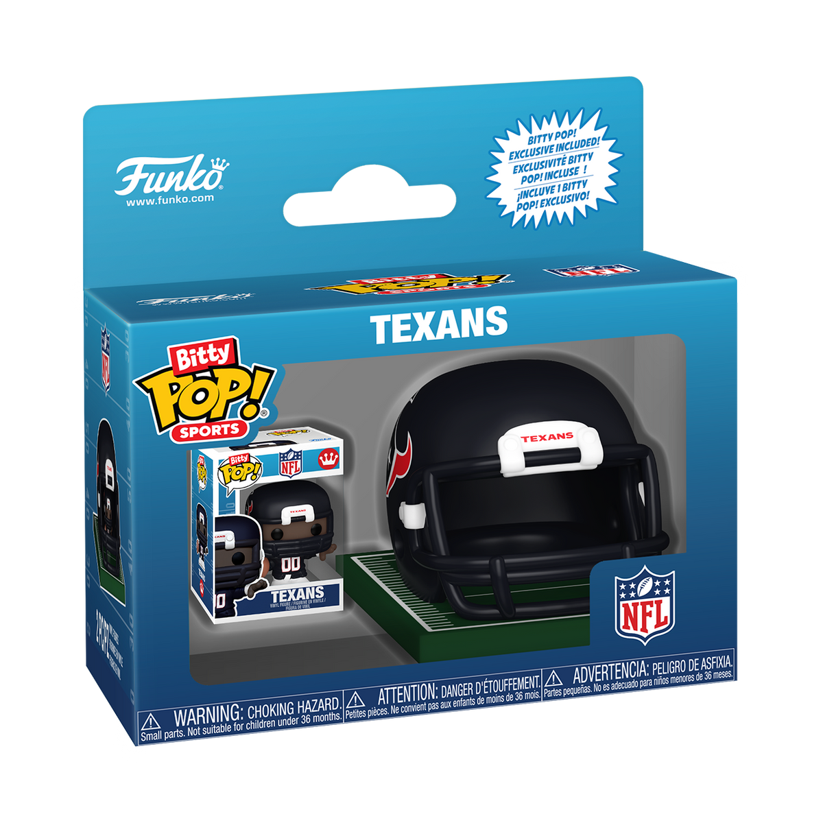 NFL Houston Texans Bitty Pop! Helmet & Player set in Funko retail packaging.