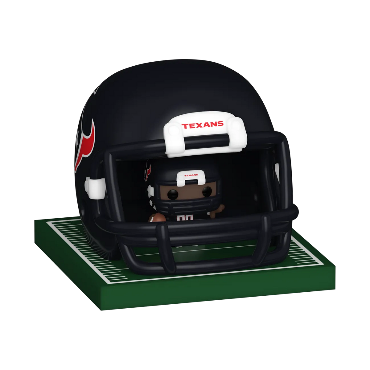 Houston Texans Bitty Pop! player and helmet displayed on a miniature football field base by Funko.