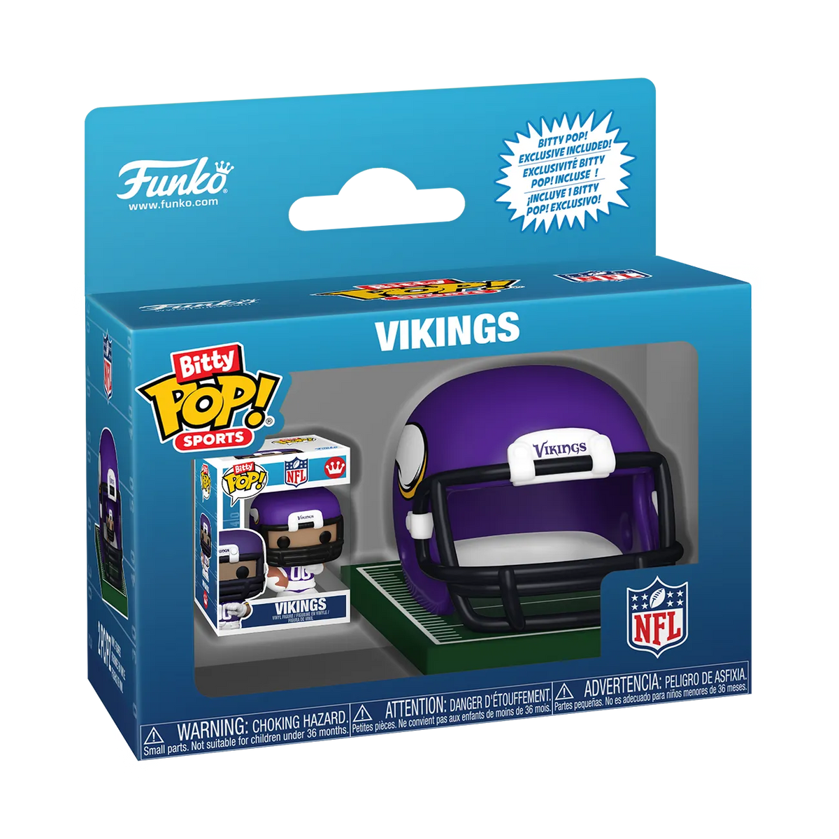NFL Minnesota Vikings Bitty Pop! Helmet & Player set in Funko retail packaging.