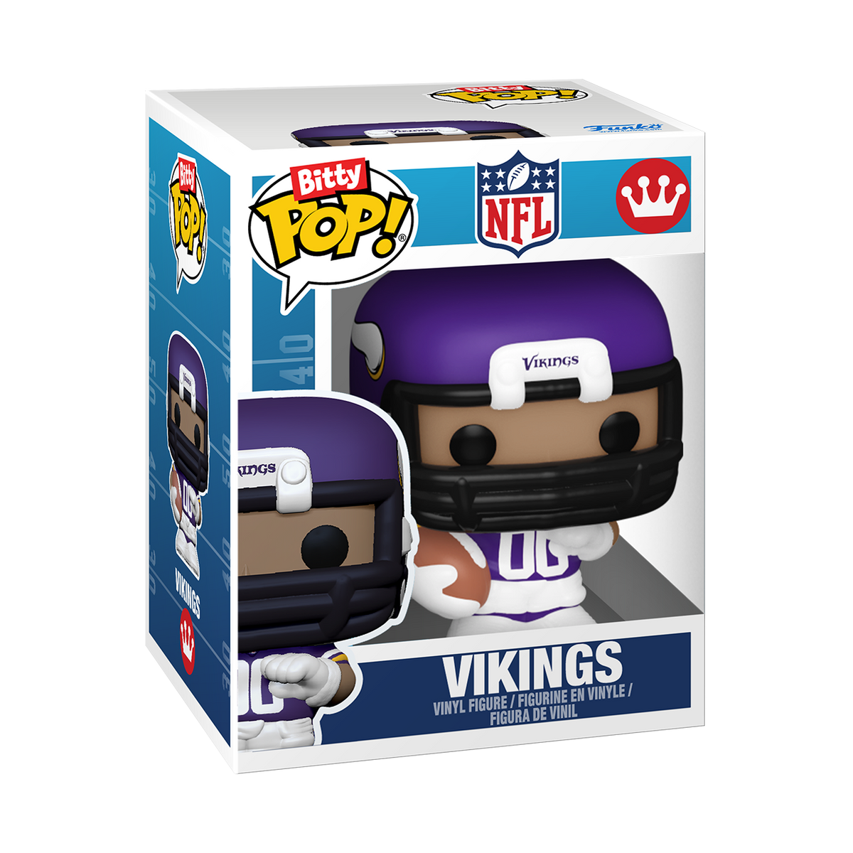 Minnesota Vikings Bitty Pop! player wearing a purple helmet and purple number 00 uniform inside miniature Funko-style window box packaging.
