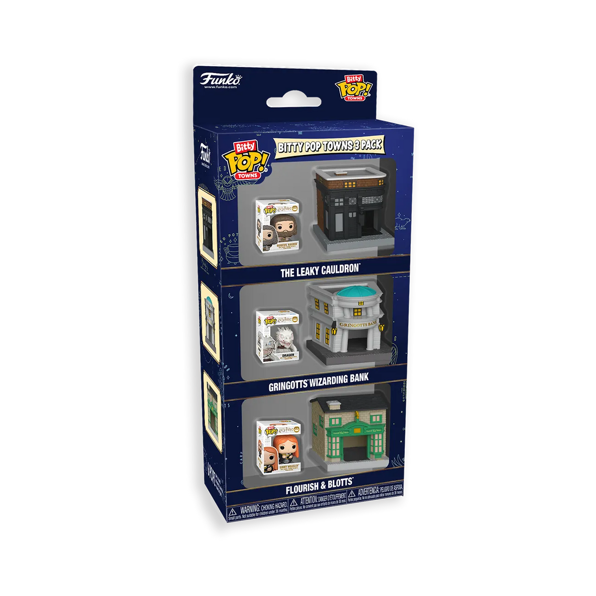 Harry Potter Bitty Pop! Towns 3-pack packaging featuring The Leaky Cauldron, Gringotts Bank, and Flourish & Blotts with figures.