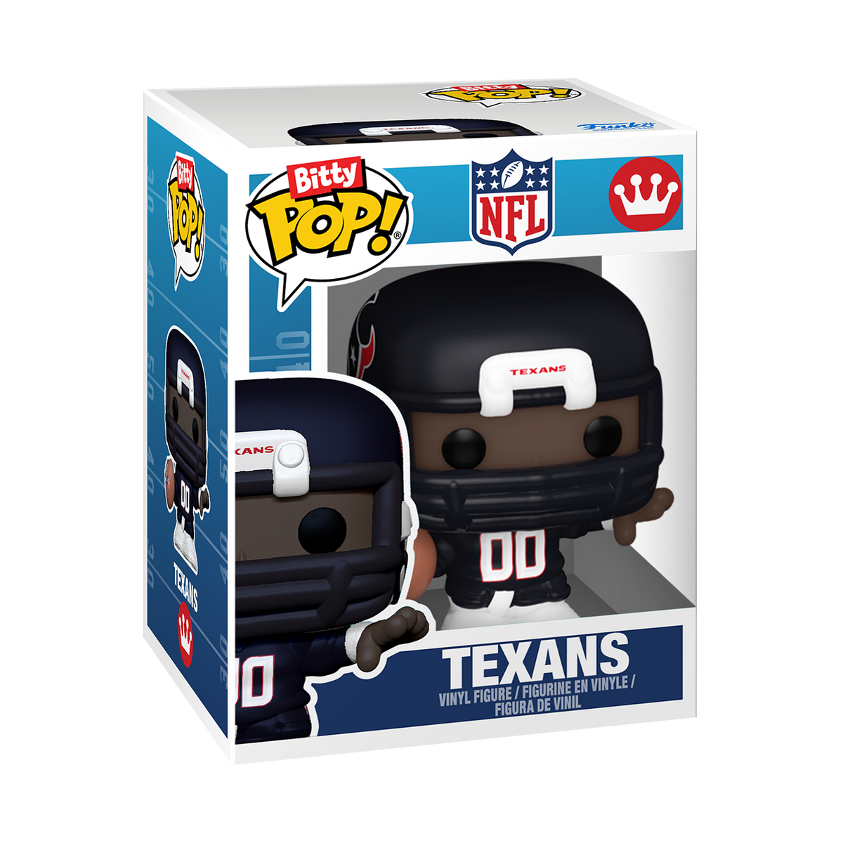 Houston Texans Bitty Pop! player wearing a number 00 uniform inside a miniature acrylic display case.