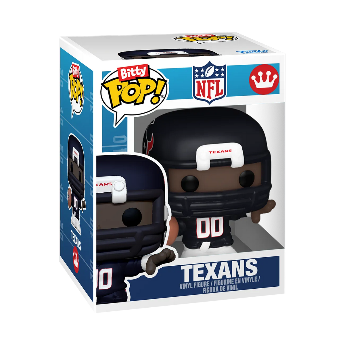 Houston Texans Bitty Pop! player wearing a number 00 uniform inside a miniature acrylic display case.
