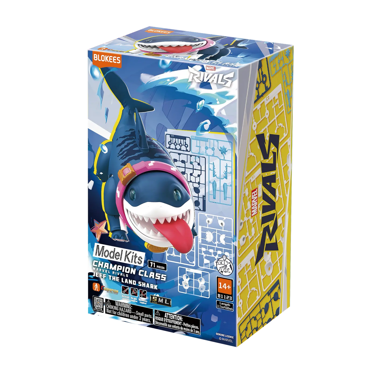 Toy packaging for a Jeff the Land Shark model kit with Marvel Rivals branding on a white background - Model Kits