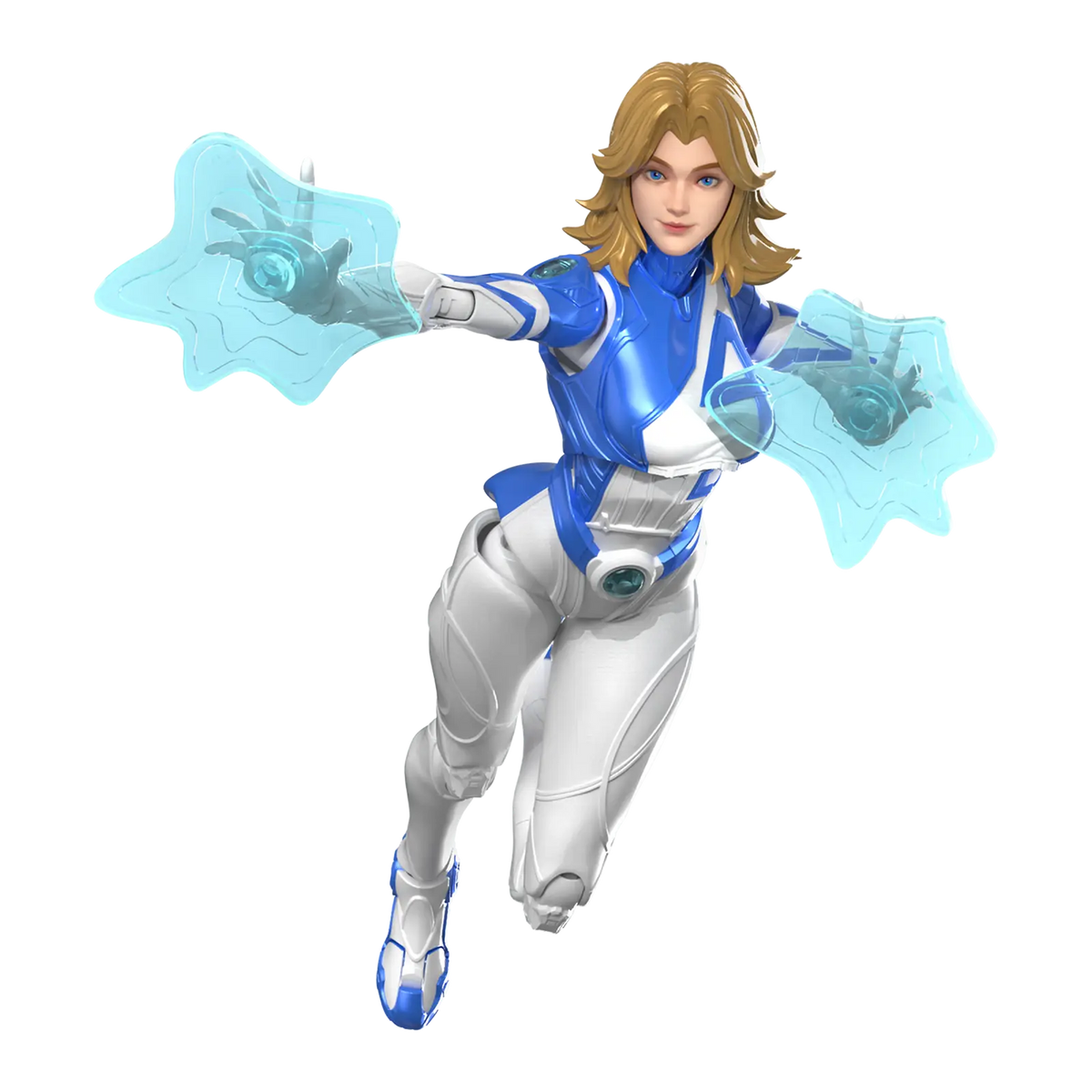 Invisible Woman in a blue and white suit with Force Field accessories attached to each hand - Model Kits