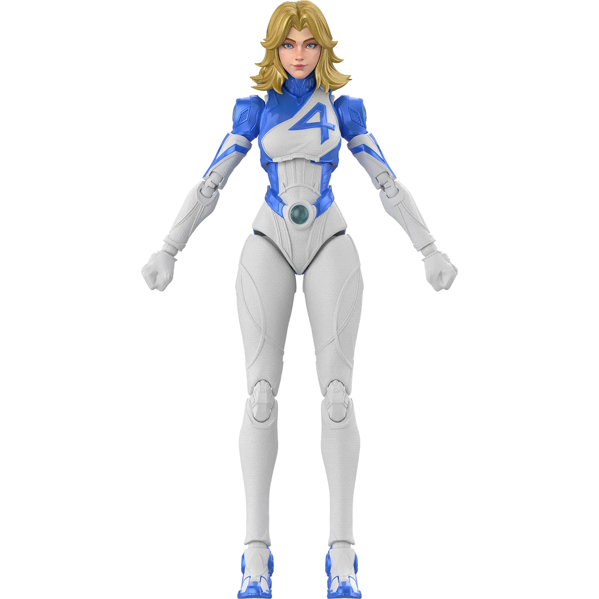 Completed Invisible Woman model kit in a futuristic white and blue suit on a white background - Model Kits