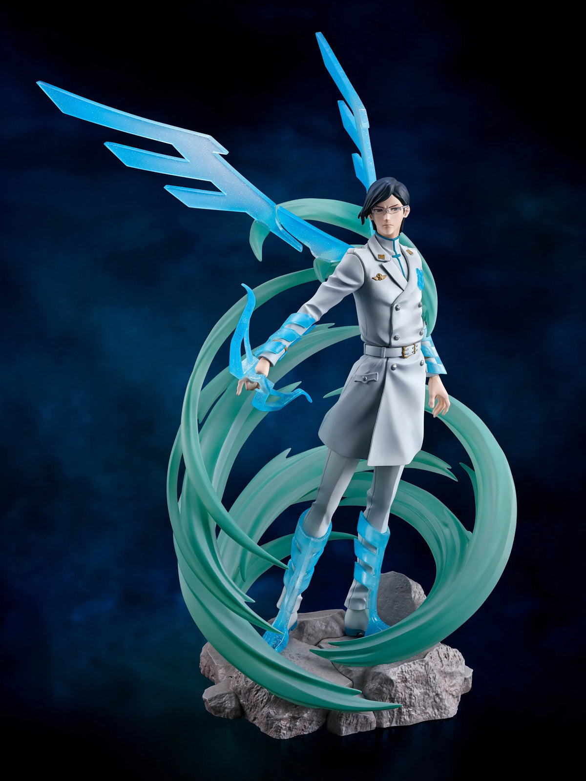 Figure of a character with blue and green elements on a dark background
