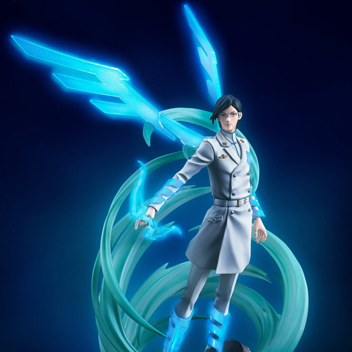 Figure of a person in a futuristic outfit with glowing blue elements on a dark background