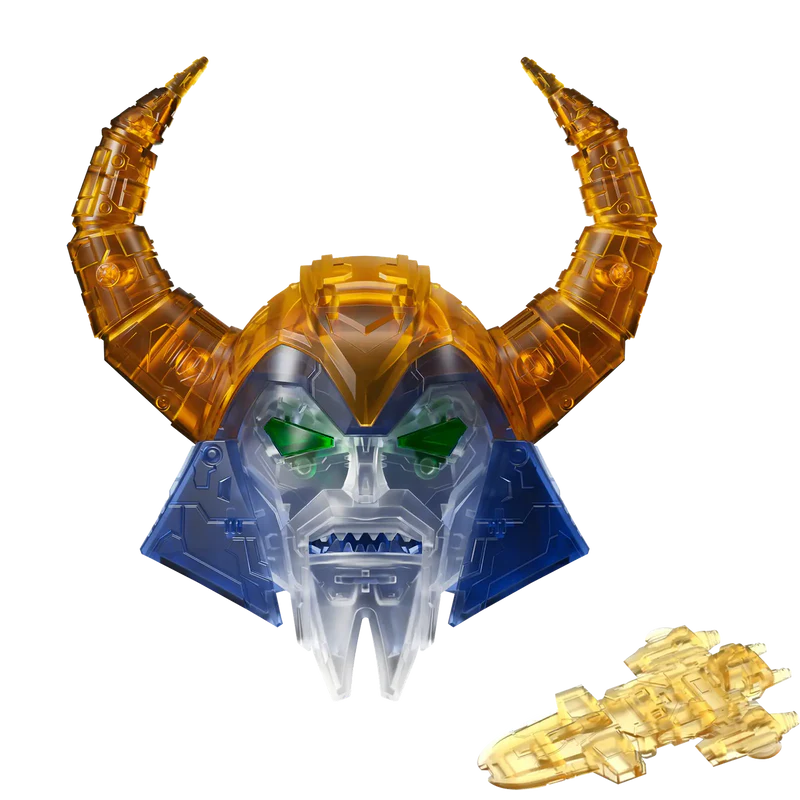 Toy figure with orange horns and blue and clear face on a white background. Mini-Ark figure also shown - Model Kits