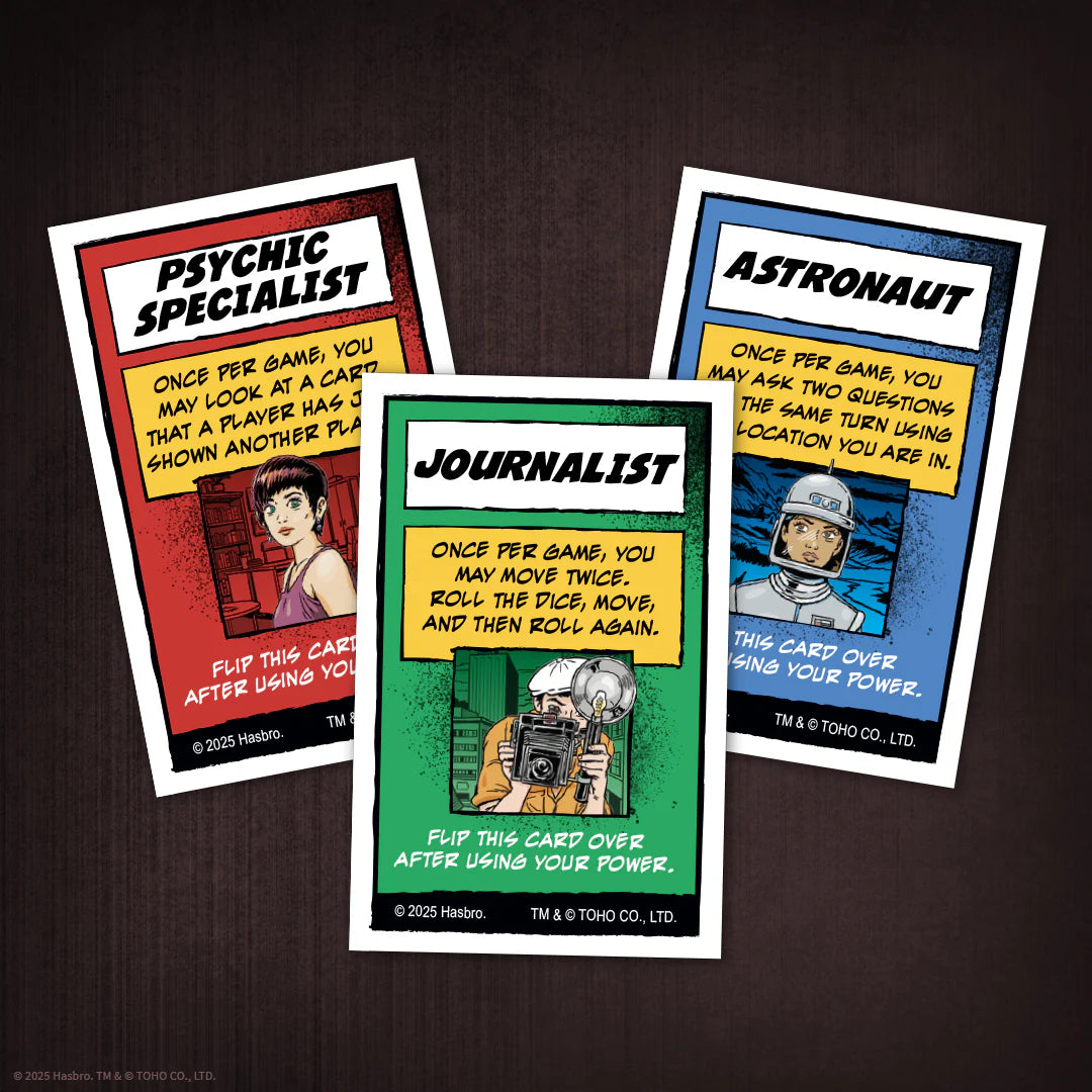Three illustrated trading card back designs fanned out on a dark wood background: Psychic Specialist, Astronaut, and Journalist. - Games - Board Games - Clue