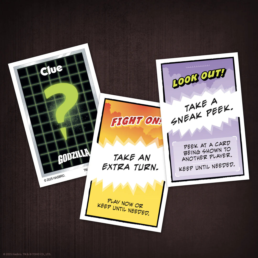 Three Clue-style cards with comic-style panels are arranged on a dark wood background. - Games - Board Games - Clue