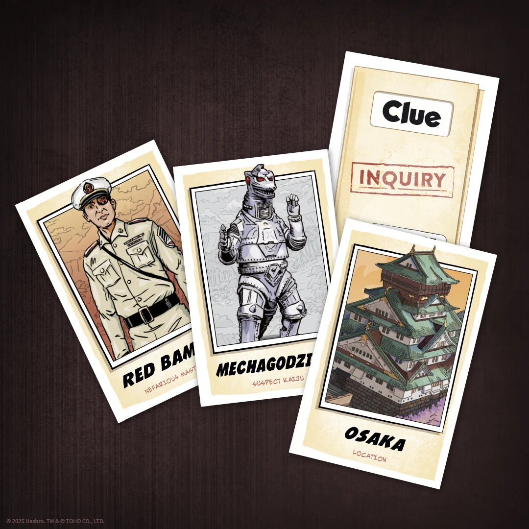 Cards showing vintage-style drawings and labels including 'Clue', 'INQUIRY', 'RED BAY', 'MECHAGODZI', and 'OSAKA LOCATION'. - Games - Board Games - Clue