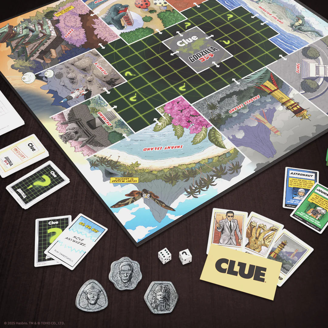 Clue board game set arranged on a dark wooden table, showing the illustrated game board, cards, dice, and silver character tokens. - Games - Board Games - Clue