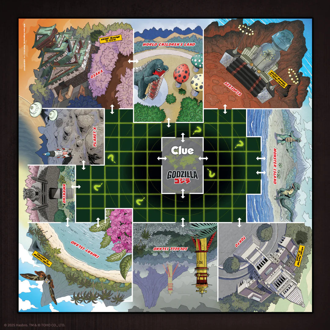 A framed board game board featuring Godzilla-themed illustrated tiles around a central green grid with the word 'Clue' in the middle. The artwork includes scenes such as a river, beach, ruins, and industrial landscape, with small text labels and arrows. - Games - Board Games - Clue