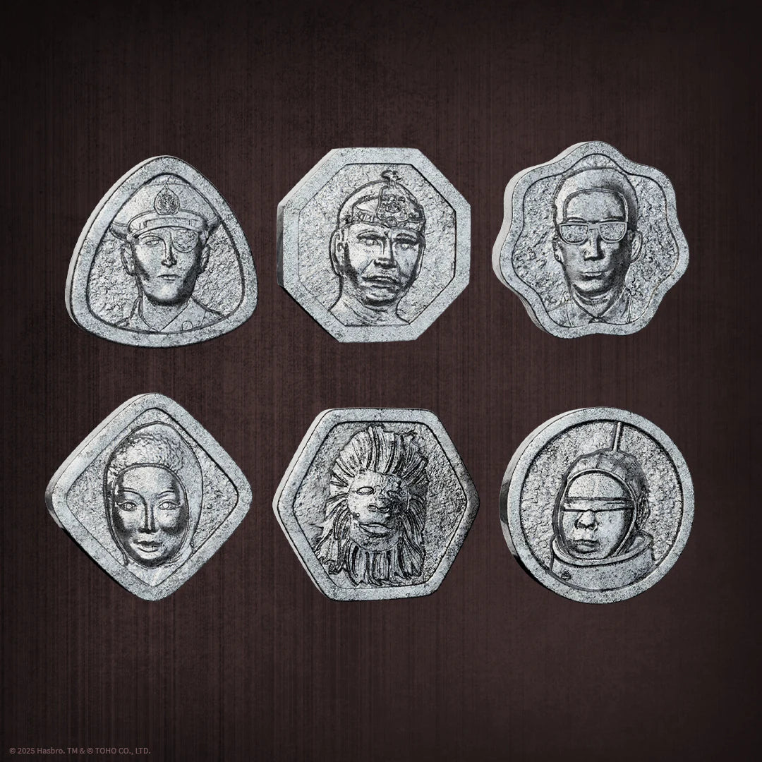 Six metallic coins with embossed portraits on a dark background - Games - Board Games - Clue