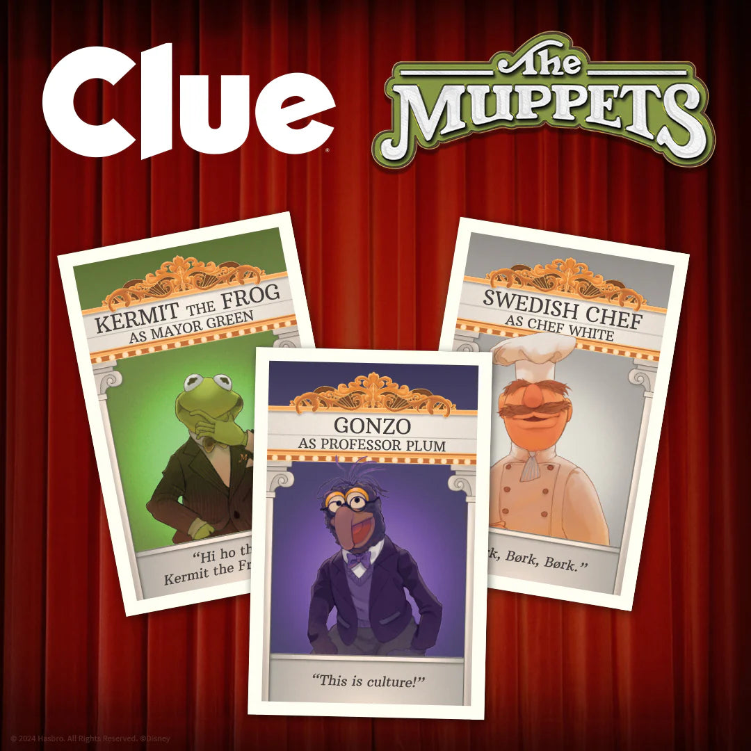 Cards featuring Muppets characters with 'Clue' and 'The Muppets' branding on a red curtain background.