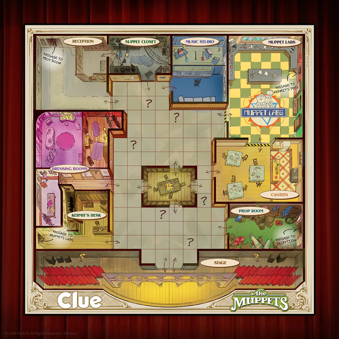Floor plan of Muppets-themed rooms with 'Clue' branding on a red curtain background