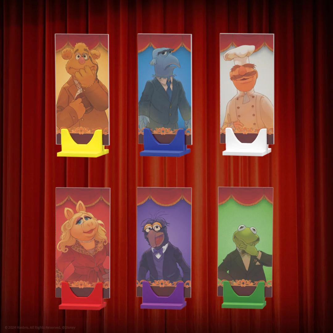 Cartoon characters with colorful stands against a red curtain background