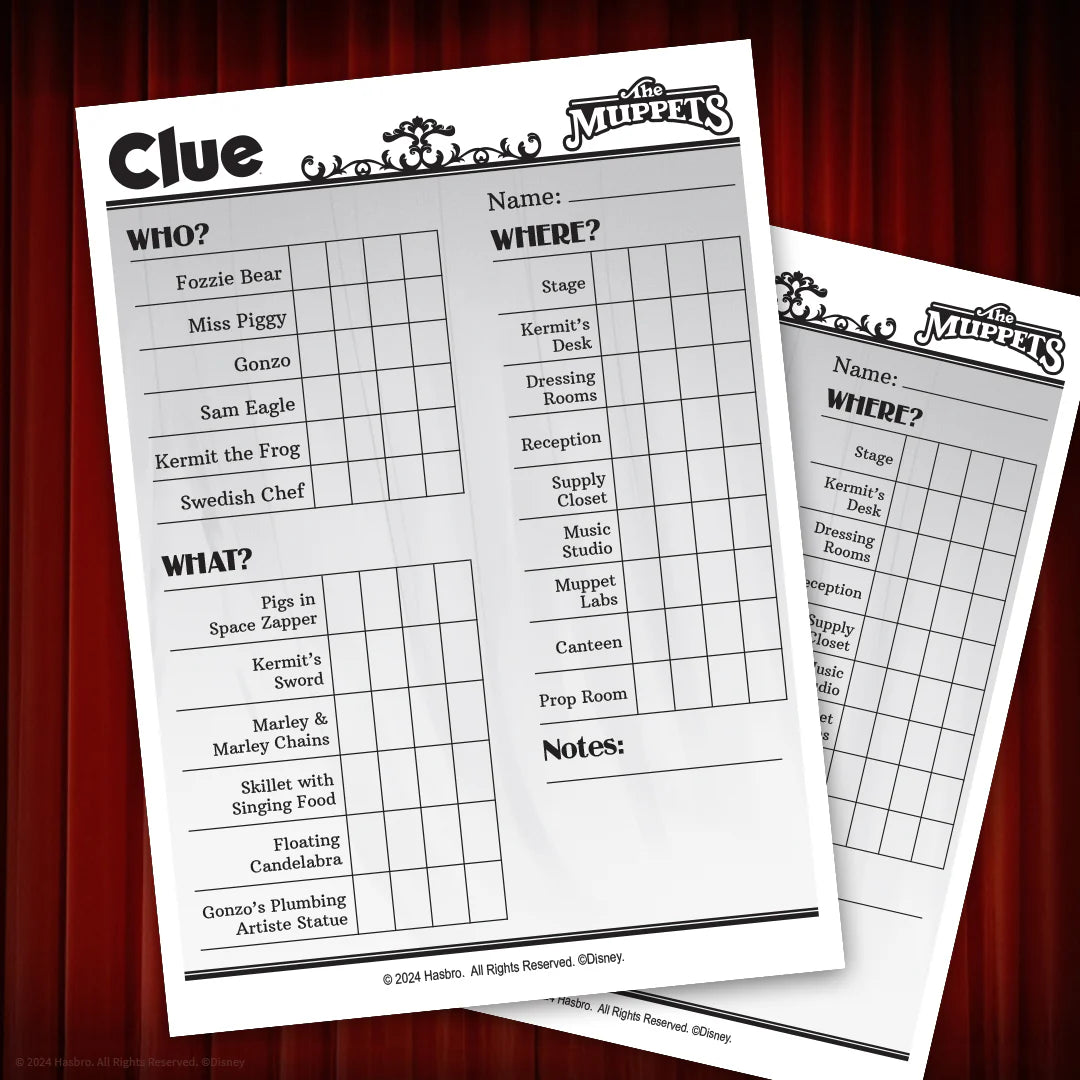 Two 'Clue' game sheets from 'The Muppets' on a red curtain background