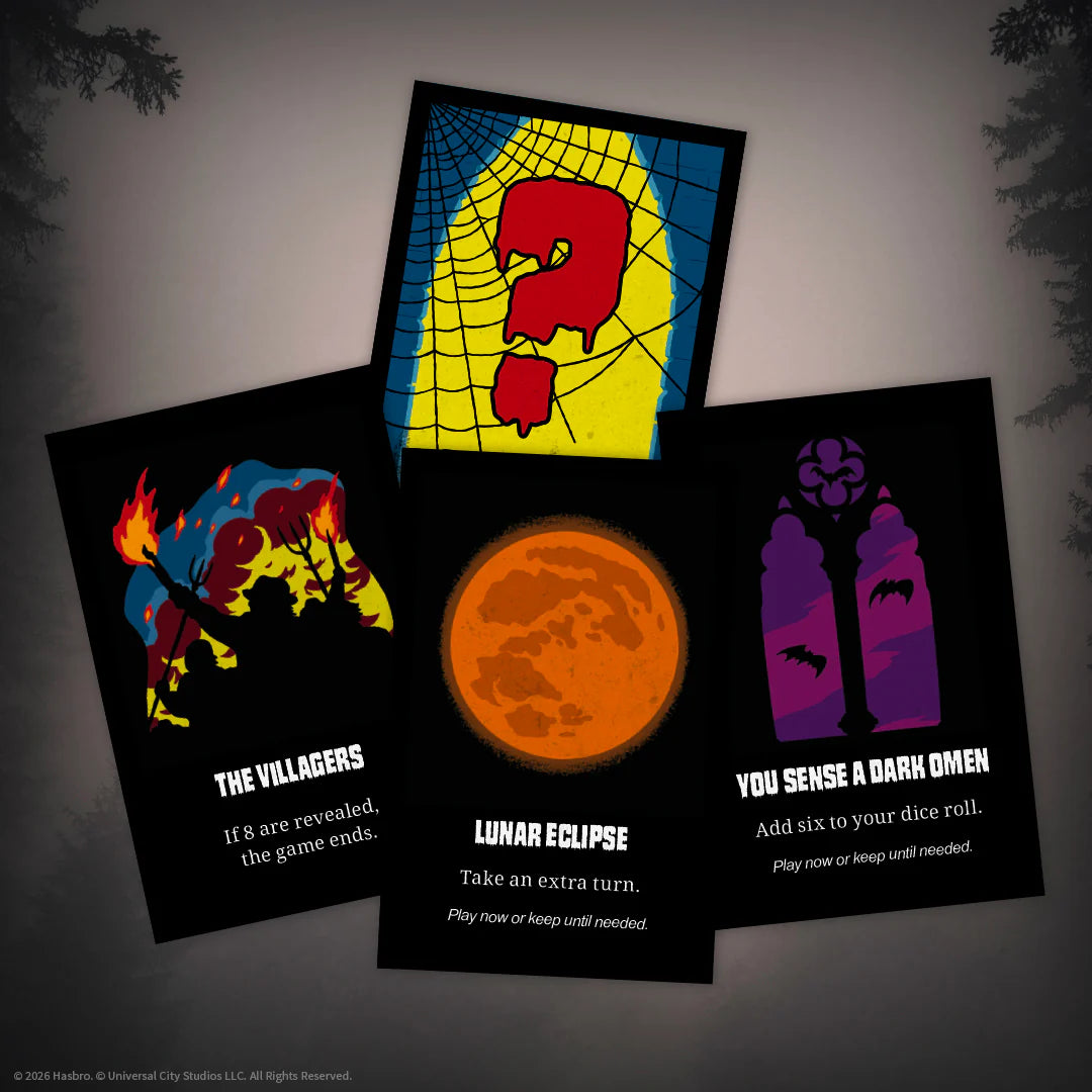 Three illustrated game cards fanned out against a dark gray background with tree silhouettes. The cards feature Halloween-themed artwork and text. - Games - Board Games - Clue