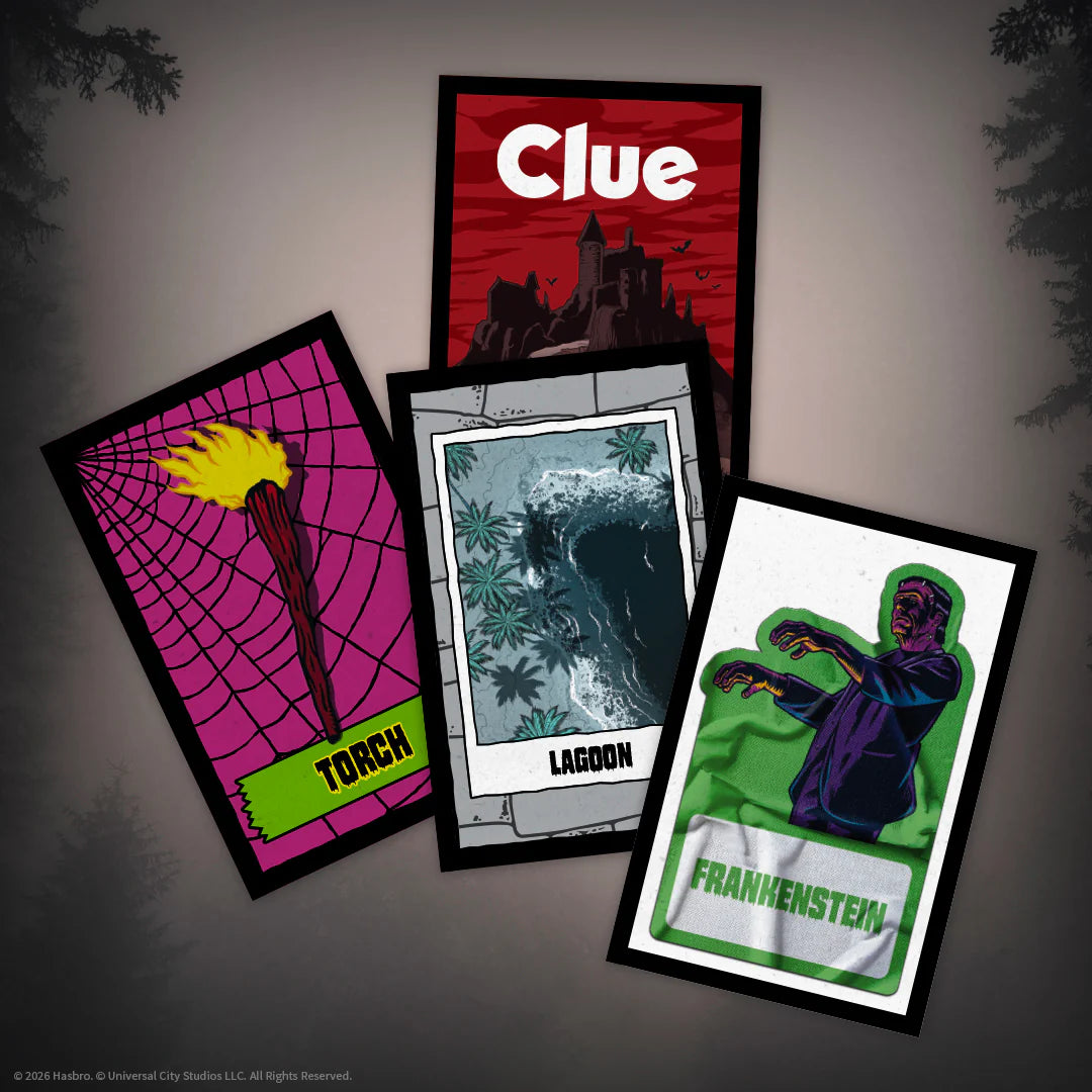 Four illustrated cards arranged on a dark gray background with silhouetted trees at the corners. The cards feature horror-themed artwork and labels including 'Clue', 'Torch', 'Lagoon', and 'Frankenstein'. - Games - Board Games - Clue